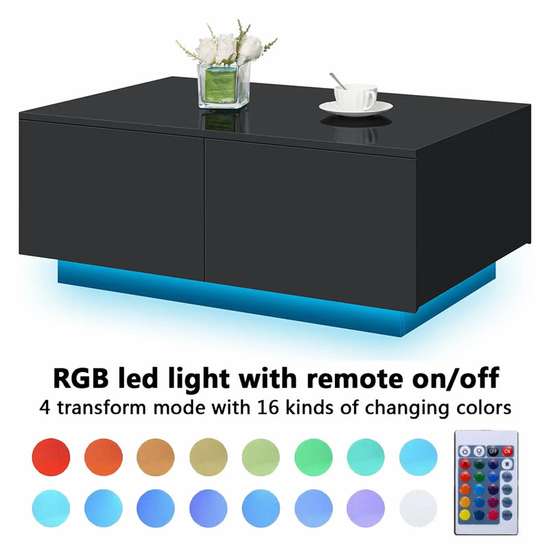 LED Coffee Table with 4 Drawers Modern Center Cocktail End Side Table Black High Gloss Finish for Living Room - Puck's