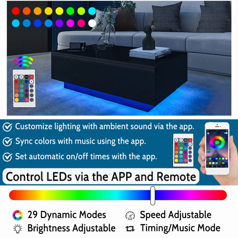 LED Coffee Table with 4 Drawers Modern Center Cocktail End Side Table Black High Gloss Finish for Living Room - Puck's