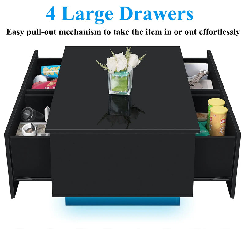 LED Coffee Table with 4 Drawers Modern Center Cocktail End Side Table Black High Gloss Finish for Living Room - Puck's