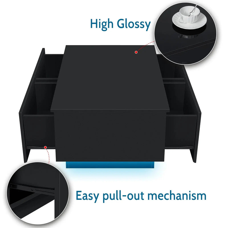 LED Coffee Table with 4 Drawers Modern Center Cocktail End Side Table Black High Gloss Finish for Living Room - Puck's