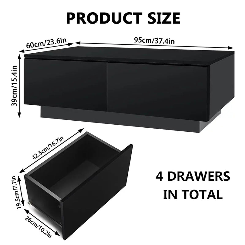 LED Coffee Table with 4 Drawers Modern Center Cocktail End Side Table Black High Gloss Finish for Living Room - Puck's