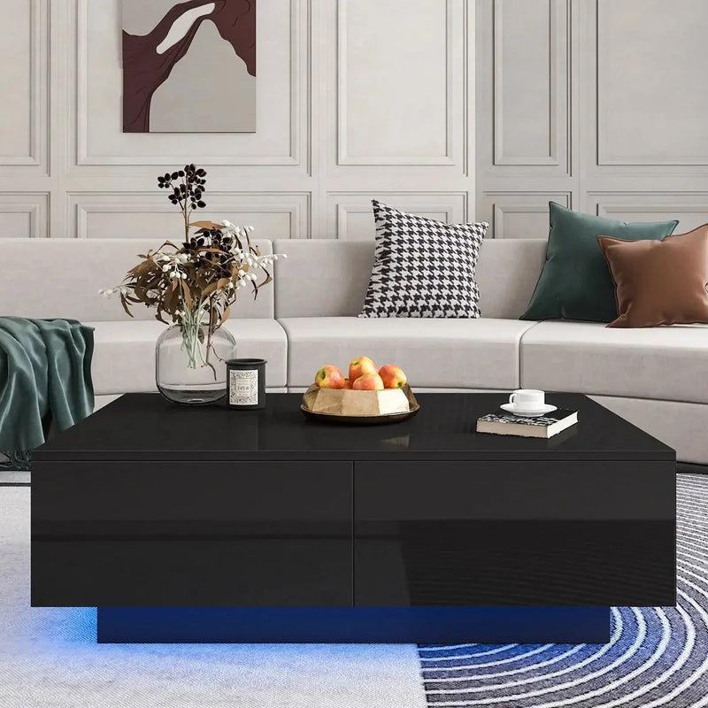 LED Coffee Table with 4 Drawers Modern Center Cocktail End Side Table Black High Gloss Finish for Living Room - Puck's