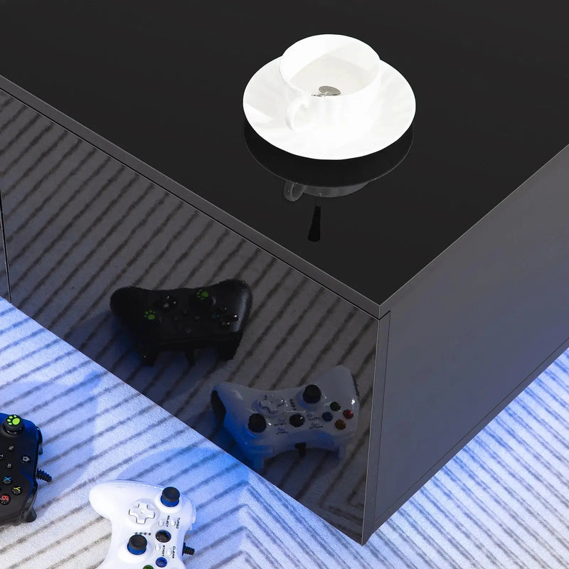 LED Coffee Table with 4 Drawers Modern Center Cocktail End Side Table Black High Gloss Finish for Living Room - Puck's