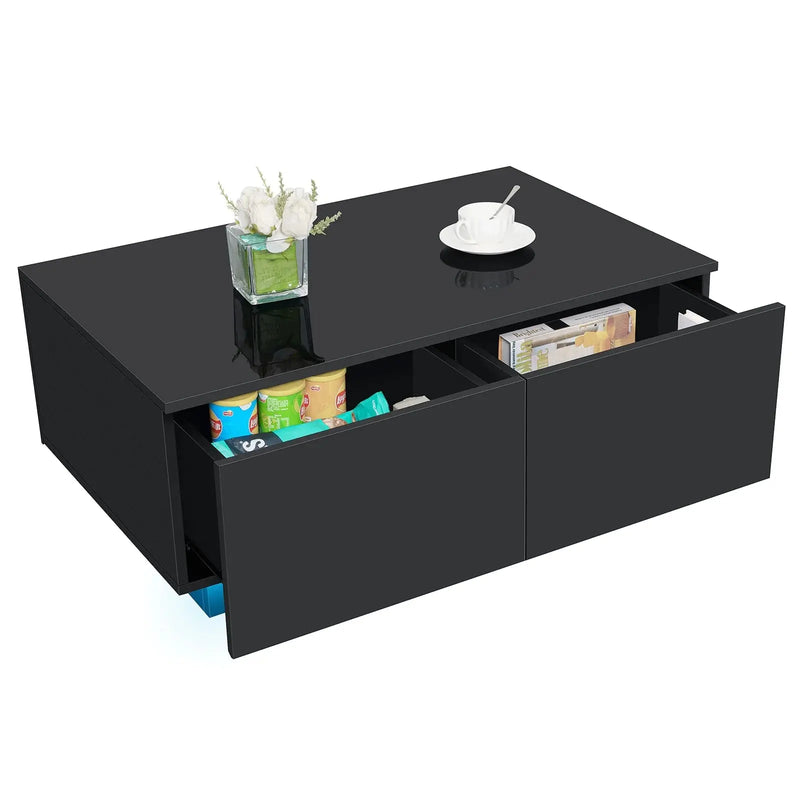 LED Coffee Table with 4 Drawers Modern Center Cocktail End Side Table Black High Gloss Finish for Living Room - Puck's