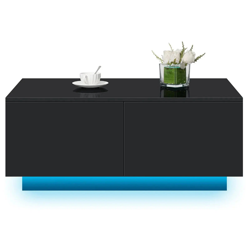 LED Coffee Table with 4 Drawers Modern Center Cocktail End Side Table Black High Gloss Finish for Living Room - Puck's