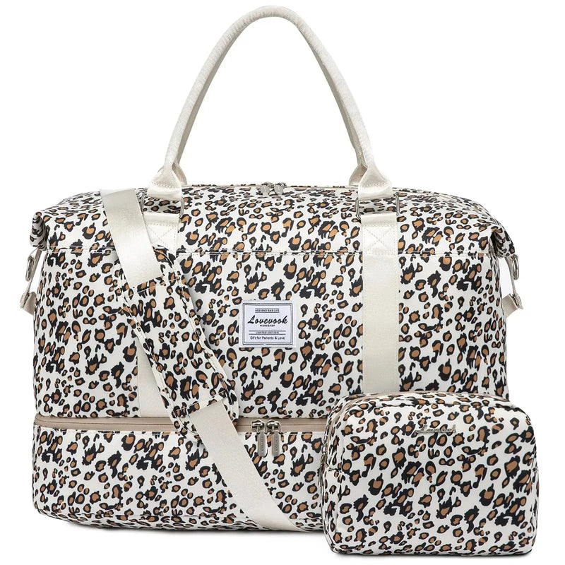 LOVEVOOK Travel Duffle Bag,Weekender Bags for Women with Shoe Compartment，Carry on Overnight Bag with Toiletry Bag,Gym Duffel Bag with Wet Pocket, Hospital Bags for Labor and Delivery Large-2 Pcs Leopard print-b - Puck's
