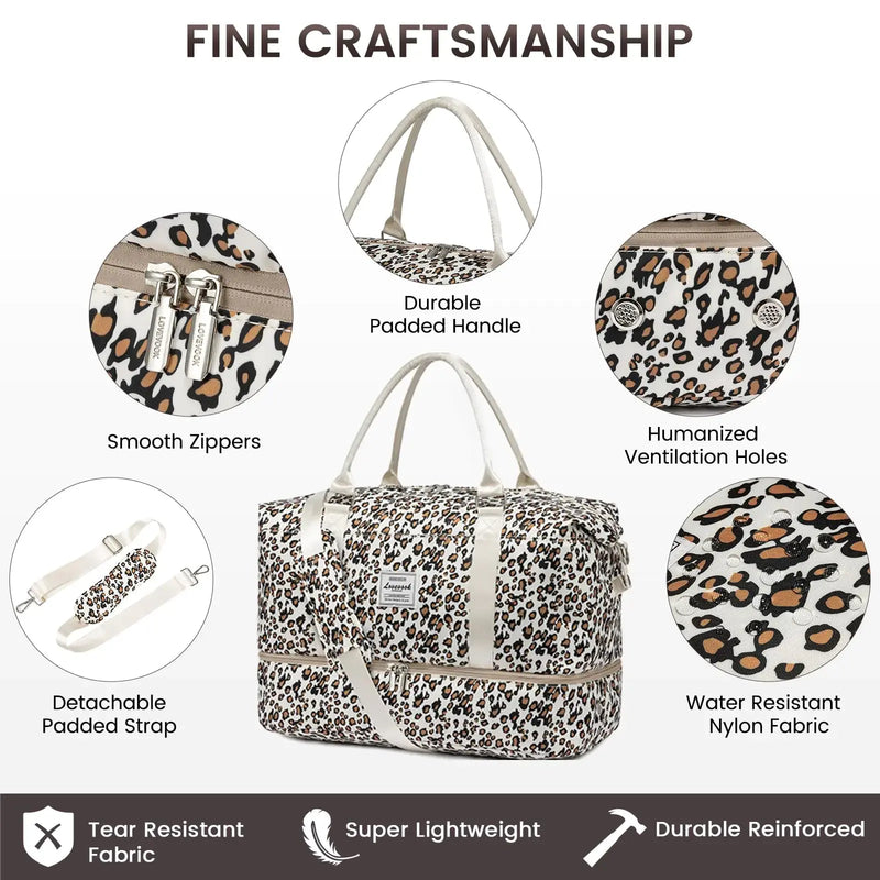LOVEVOOK Travel Duffle Bag,Weekender Bags for Women with Shoe Compartment，Carry on Overnight Bag with Toiletry Bag,Gym Duffel Bag with Wet Pocket, Hospital Bags for Labor and Delivery Large-2 Pcs Leopard print-b - Puck's
