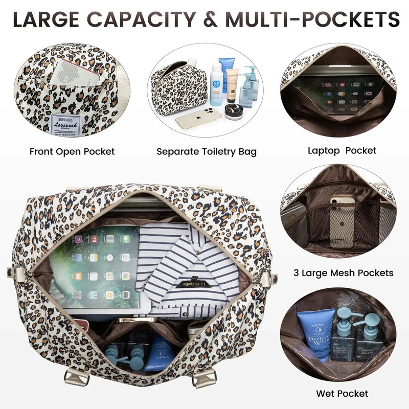 LOVEVOOK Travel Duffle Bag,Weekender Bags for Women with Shoe Compartment，Carry on Overnight Bag with Toiletry Bag,Gym Duffel Bag with Wet Pocket, Hospital Bags for Labor and Delivery Large-2 Pcs Leopard print-b - Puck's