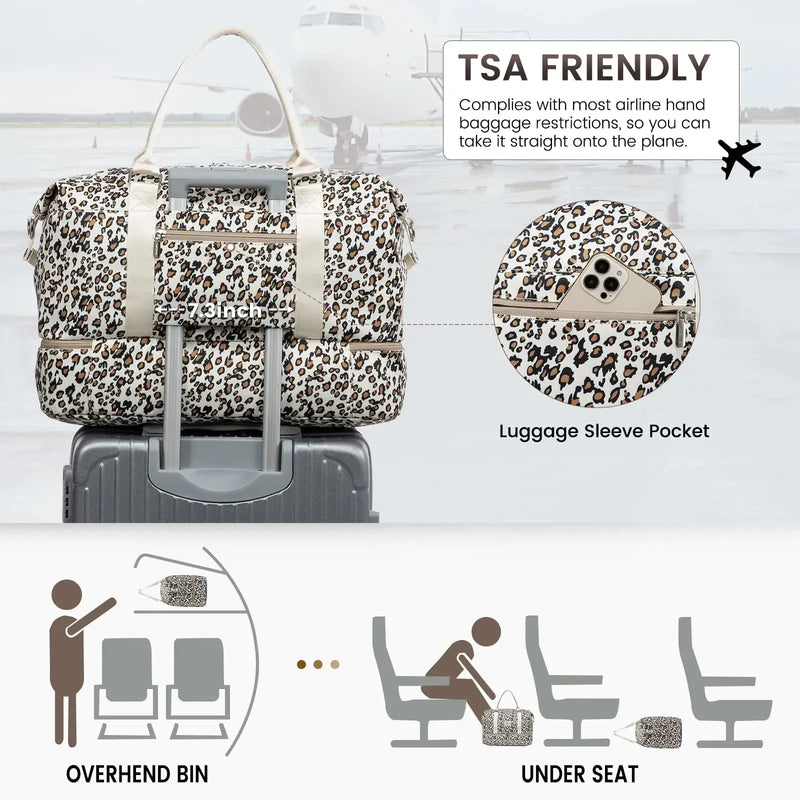 LOVEVOOK Travel Duffle Bag,Weekender Bags for Women with Shoe Compartment，Carry on Overnight Bag with Toiletry Bag,Gym Duffel Bag with Wet Pocket, Hospital Bags for Labor and Delivery Large-2 Pcs Leopard print-b - Puck's