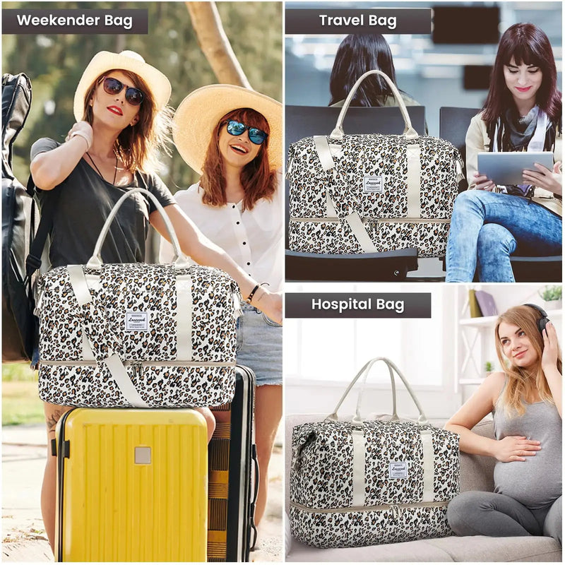 LOVEVOOK Travel Duffle Bag,Weekender Bags for Women with Shoe Compartment，Carry on Overnight Bag with Toiletry Bag,Gym Duffel Bag with Wet Pocket, Hospital Bags for Labor and Delivery Large-2 Pcs Leopard print-b - Puck's