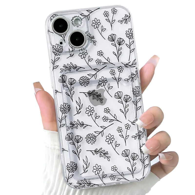 NITITOP Compatible with iPhone 7/8 / SE Case Clear with Card Holder Cute Flower Floral Leave Pattern for Women Girl Soft TPU Shock-Absorbing Wallet Case Protective Phone Cover - Black - Puck's