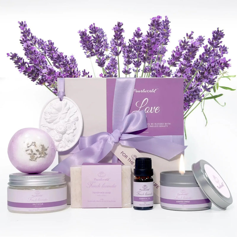 Lavender Spa Gift Set for Women, Bath Sets for Women Gift, Spa Kit for Women, Self Care and Valentines Day Gifts for Women, 7 Piece Home Spa Set - Puck's