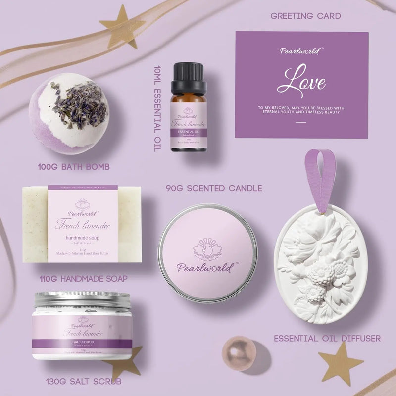 Lavender Spa Gift Set for Women, Bath Sets for Women Gift, Spa Kit for Women, Self Care and Valentines Day Gifts for Women, 7 Piece Home Spa Set - Puck's