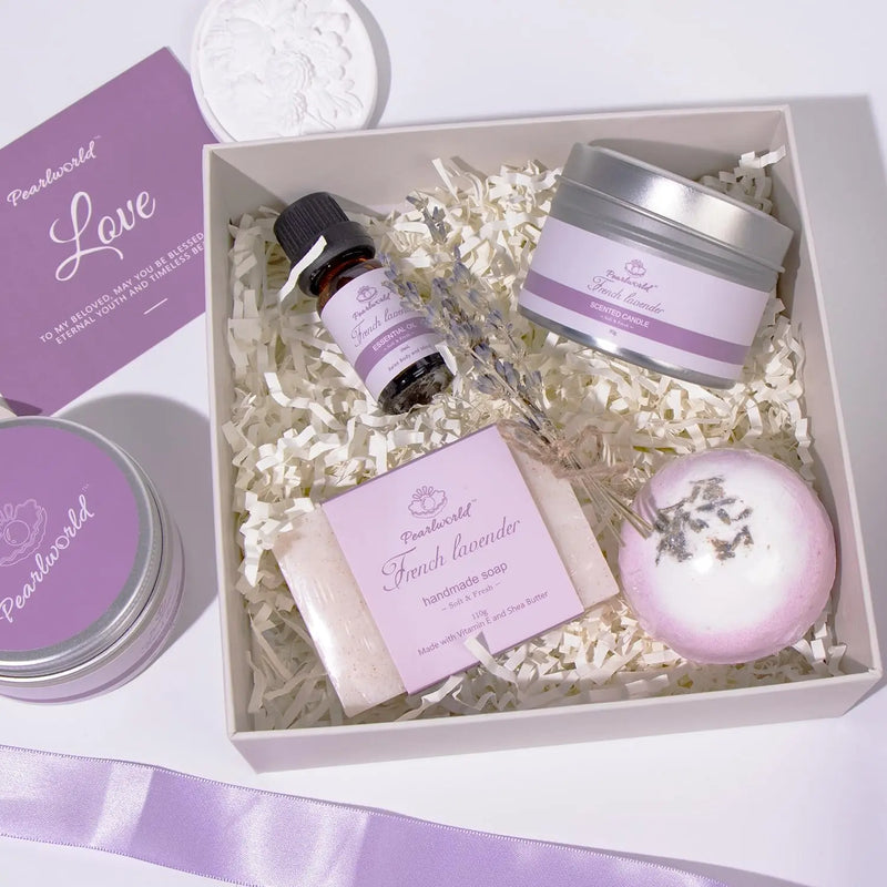 Lavender Spa Gift Set for Women, Bath Sets for Women Gift, Spa Kit for Women, Self Care and Valentines Day Gifts for Women, 7 Piece Home Spa Set - Puck's