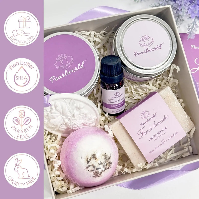 Lavender Spa Gift Set for Women, Bath Sets for Women Gift, Spa Kit for Women, Self Care and Valentines Day Gifts for Women, 7 Piece Home Spa Set - Puck's