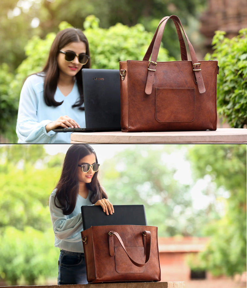 Leather Woman Laptop Handbag Large Tote Bag with Zipper - Puck's