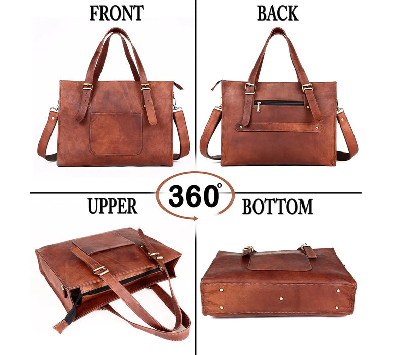 Leather Woman Laptop Handbag Large Tote Bag with Zipper - Puck's