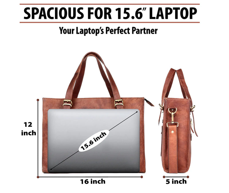 Leather Woman Laptop Handbag Large Tote Bag with Zipper - Puck's