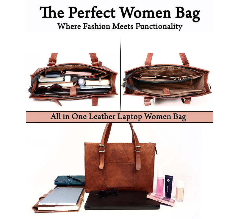 Leather Woman Laptop Handbag Large Tote Bag with Zipper - Puck's