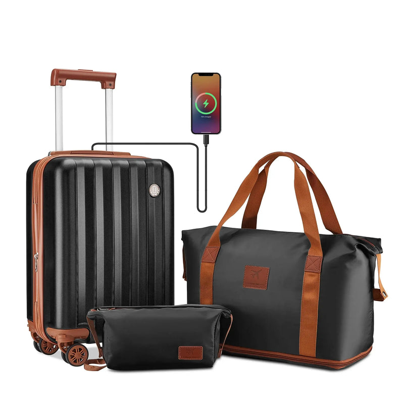 Luggage Sets Expandable Hard 18 Inch Carry-On Luggage USB Port Cup Holder TSA Lock Suitcase - Puck's