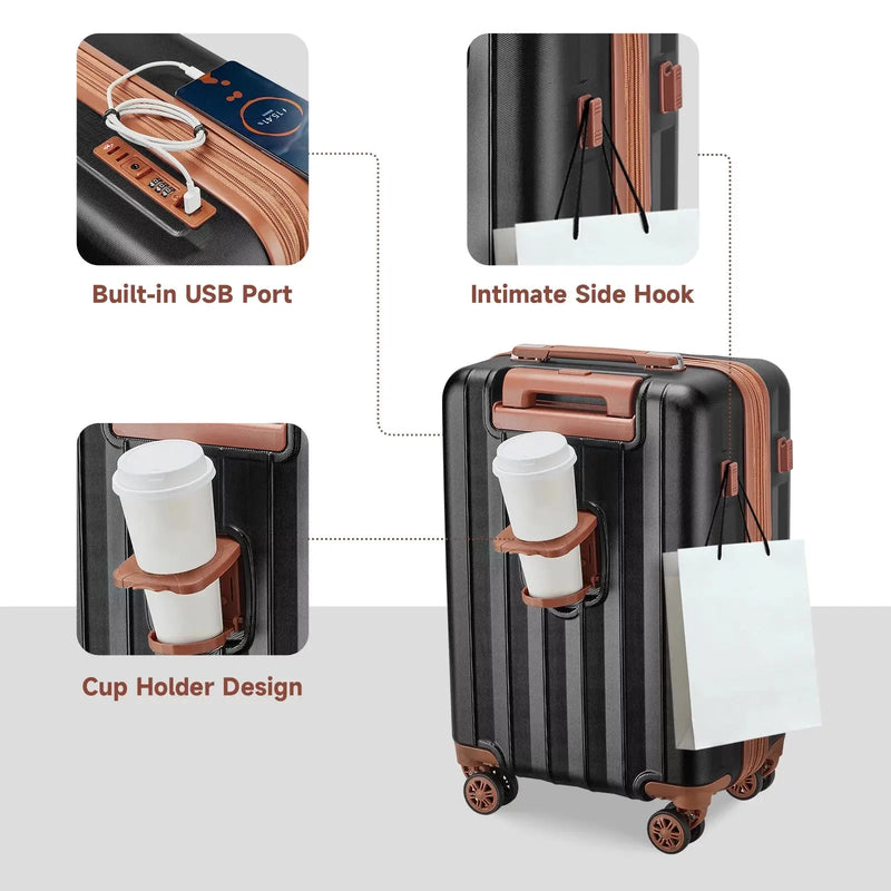Luggage Sets Expandable Hard 18 Inch Carry-On Luggage USB Port Cup Holder TSA Lock Suitcase - Puck's