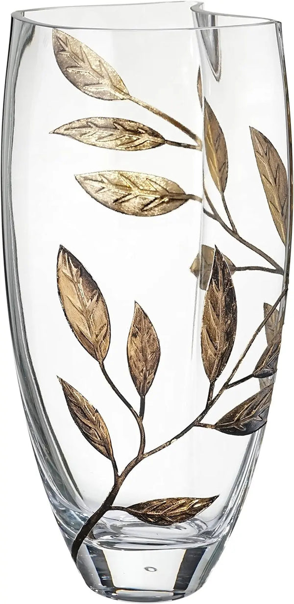 Luxury Hand Blown Glass Vase - Decorated with Etched, Painted Leaves - Gift Box - Clear Unique Shape Vase Centerpiece for Home Decor- 29 Cm (11.4 In) (Gold) - Puck's