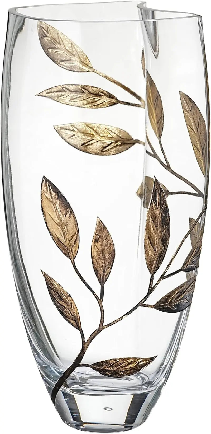 Luxury Hand Blown Glass Vase - Decorated with Etched, Painted Leaves - Gift Box - Clear Unique Shape Vase Centerpiece for Home Decor- 29 Cm (11.4 In) (Gold) - Puck's