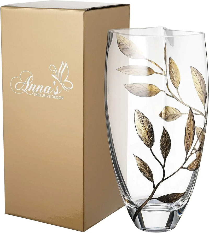 Luxury Hand Blown Glass Vase - Decorated with Etched, Painted Leaves - Gift Box - Clear Unique Shape Vase Centerpiece for Home Decor- 29 Cm (11.4 In) (Gold) - Puck's
