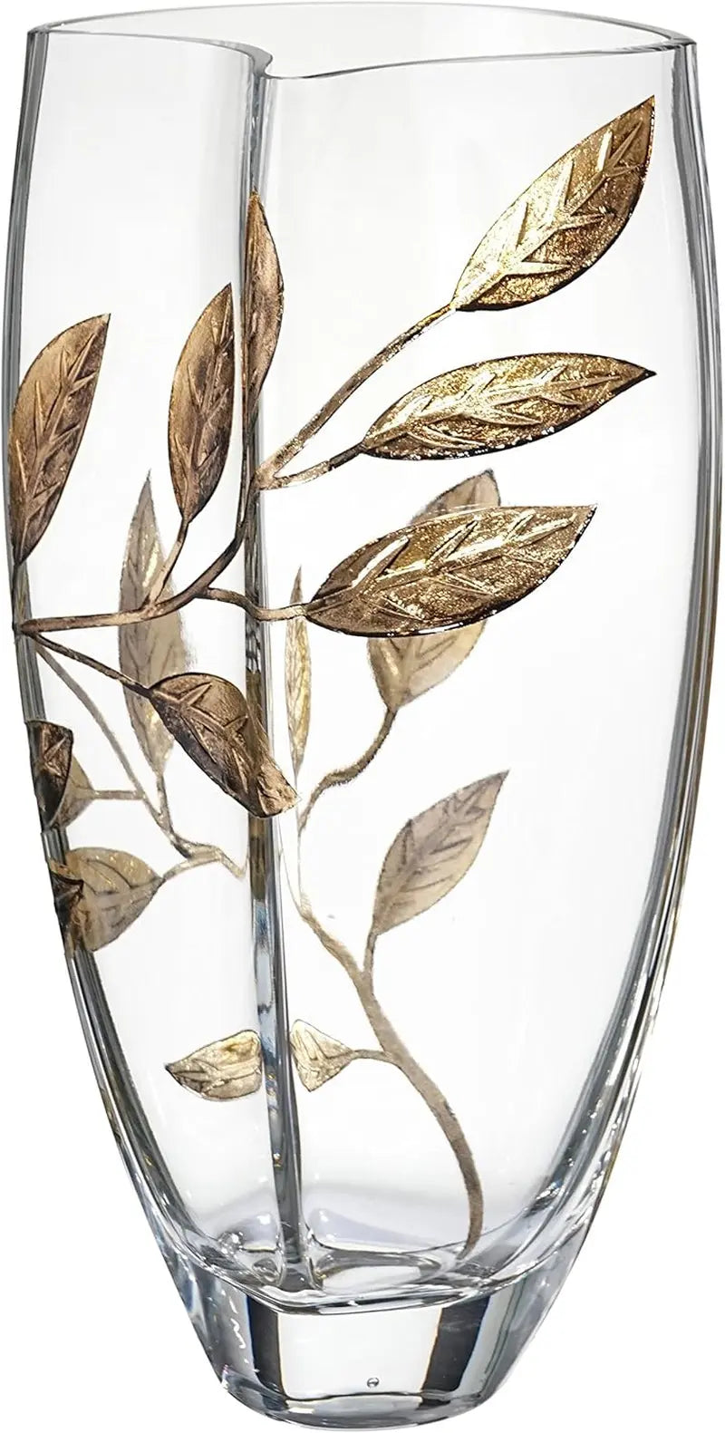 Luxury Hand Blown Glass Vase - Decorated with Etched, Painted Leaves - Gift Box - Clear Unique Shape Vase Centerpiece for Home Decor- 29 Cm (11.4 In) (Gold) - Puck's