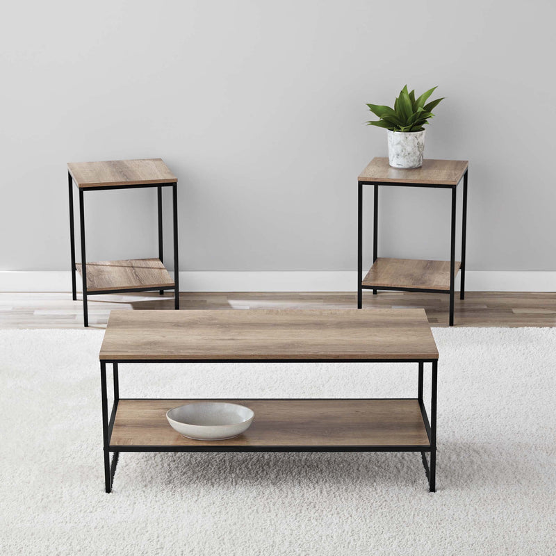 Contemporary 3 Piece Rectangular Particle Board Coffee Table, Rustic Brown - Puck's