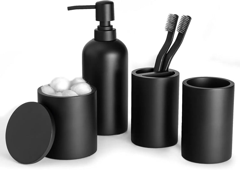 Matte Black Bathroom Accessories Set, 4 Pcs Organizer with Soap Dispenser, Qtip Holder, Tumbler, Toothbrush Holder – Accesorios Para Baño Moderno - Puck's