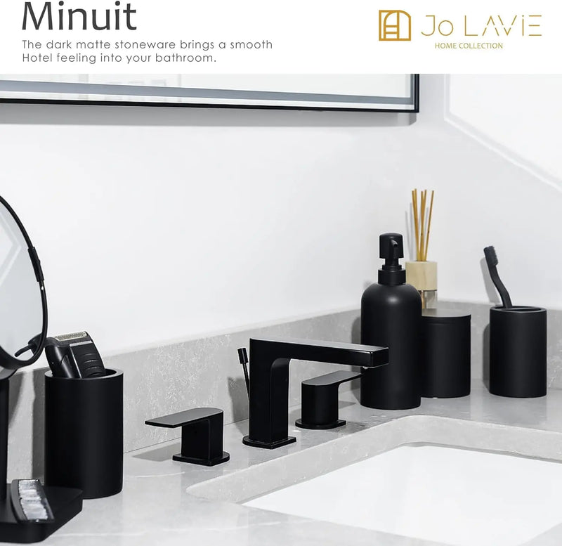 Matte Black Bathroom Accessories Set, 4 Pcs Organizer with Soap Dispenser, Qtip Holder, Tumbler, Toothbrush Holder – Accesorios Para Baño Moderno - Puck's