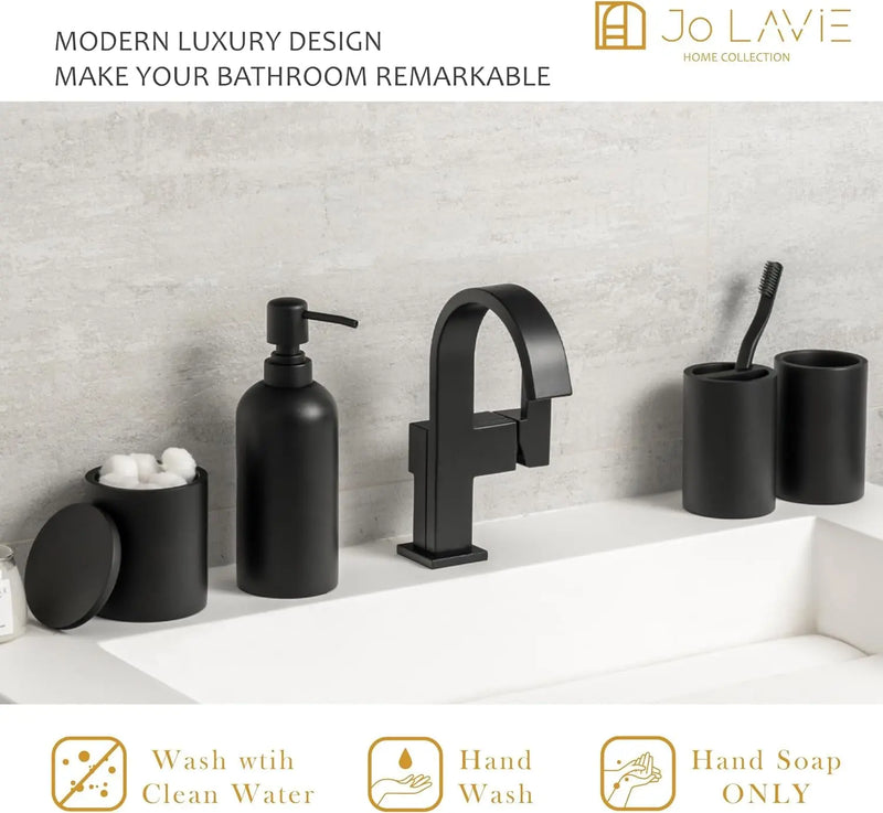 Matte Black Bathroom Accessories Set, 4 Pcs Organizer with Soap Dispenser, Qtip Holder, Tumbler, Toothbrush Holder – Accesorios Para Baño Moderno - Puck's