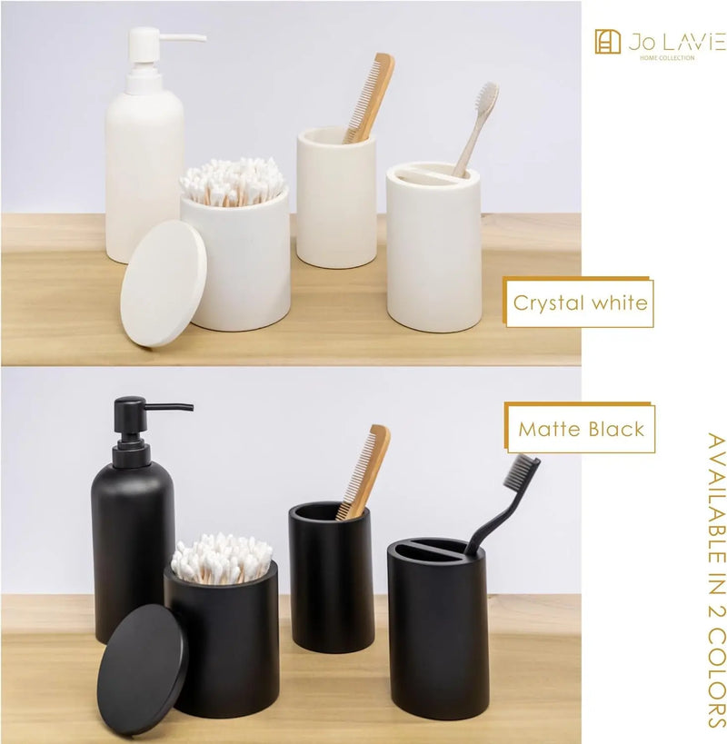 Matte Black Bathroom Accessories Set, 4 Pcs Organizer with Soap Dispenser, Qtip Holder, Tumbler, Toothbrush Holder – Accesorios Para Baño Moderno - Puck's