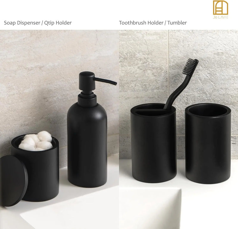 Matte Black Bathroom Accessories Set, 4 Pcs Organizer with Soap Dispenser, Qtip Holder, Tumbler, Toothbrush Holder – Accesorios Para Baño Moderno - Puck's