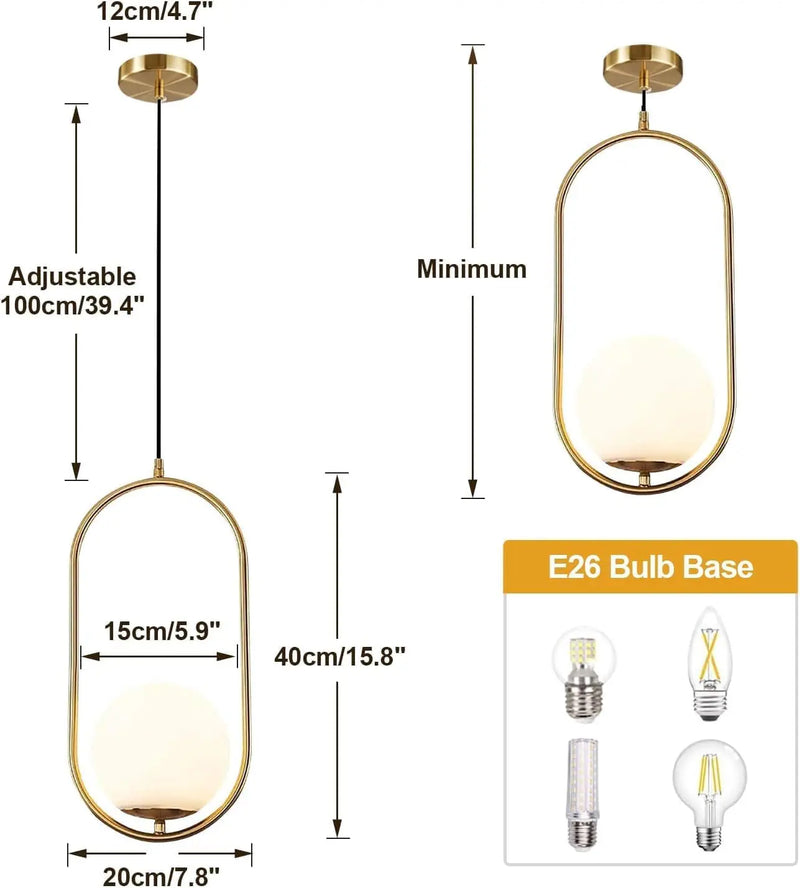 Modern 1-Light Glass Globe Pendant Light Fixture Gold and White Pendant Hanging Lamp Mid Century Minimalist Brushed Brass Pendant Lighting for Kitchen Island Bathroom (7.9”-Small) - Puck's