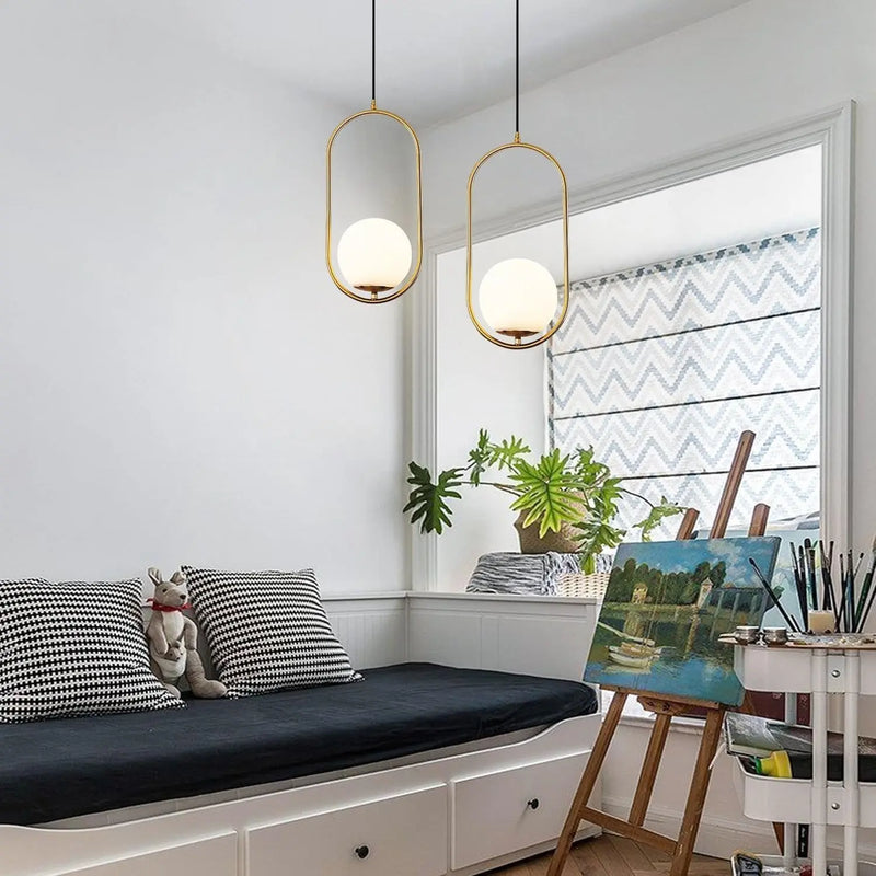 Modern 1-Light Glass Globe Pendant Light Fixture Gold and White Pendant Hanging Lamp Mid Century Minimalist Brushed Brass Pendant Lighting for Kitchen Island Bathroom (7.9”-Small) - Puck's