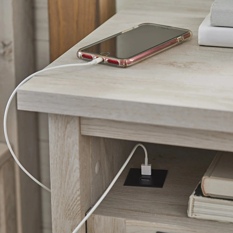 Modern Farmhouse USB Nightstand, Rustic White Finish - Puck's