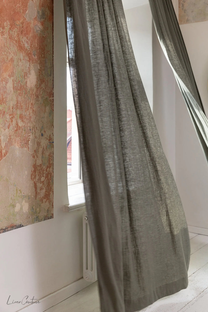 Moss Green linen curtain with rod pocket - Puck's