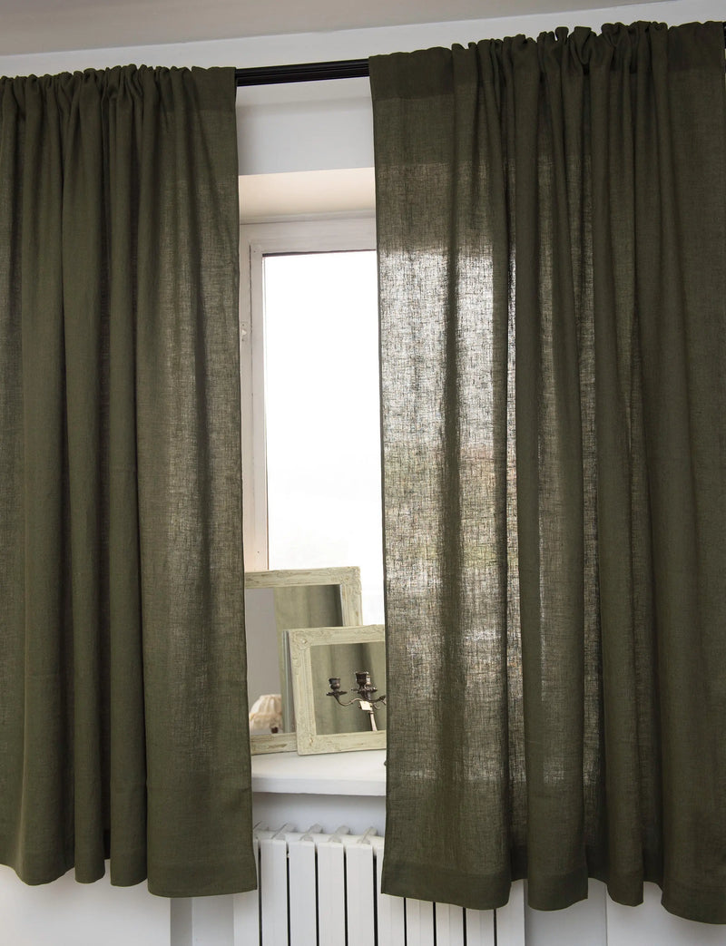 Moss Green linen curtain with rod pocket - Puck's