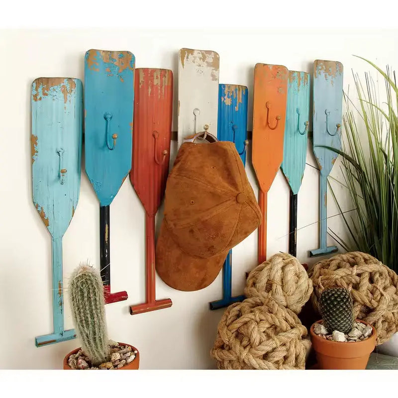 Multi Colored Indoor Outdoor Distressed Oar Shaped 8 Hanger Paddle Wall Hook - Puck's