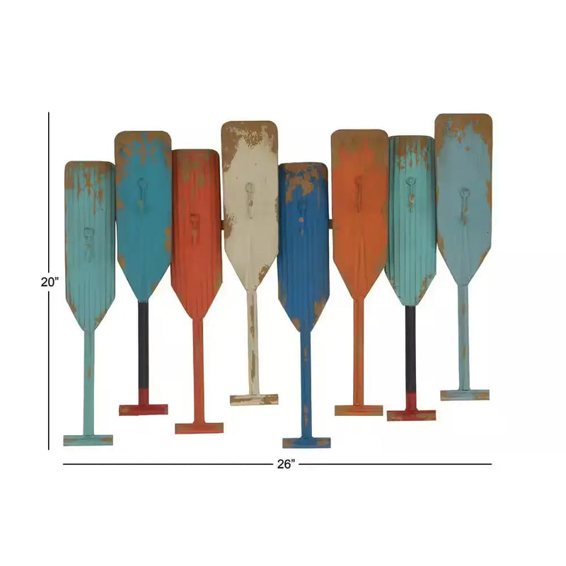 Multi Colored Indoor Outdoor Distressed Oar Shaped 8 Hanger Paddle Wall Hook - Puck's