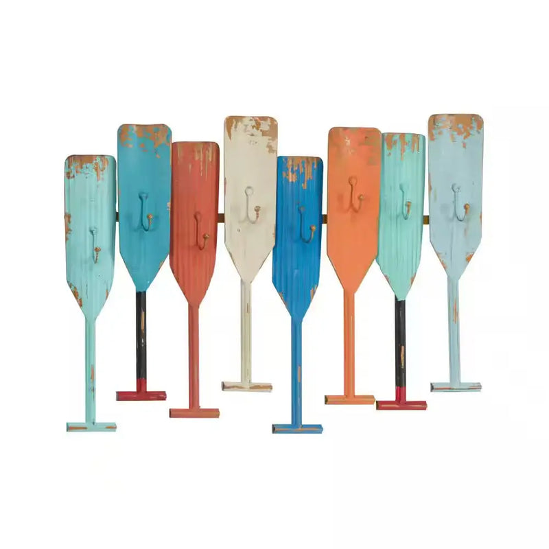 Multi Colored Indoor Outdoor Distressed Oar Shaped 8 Hanger Paddle Wall Hook - Puck's