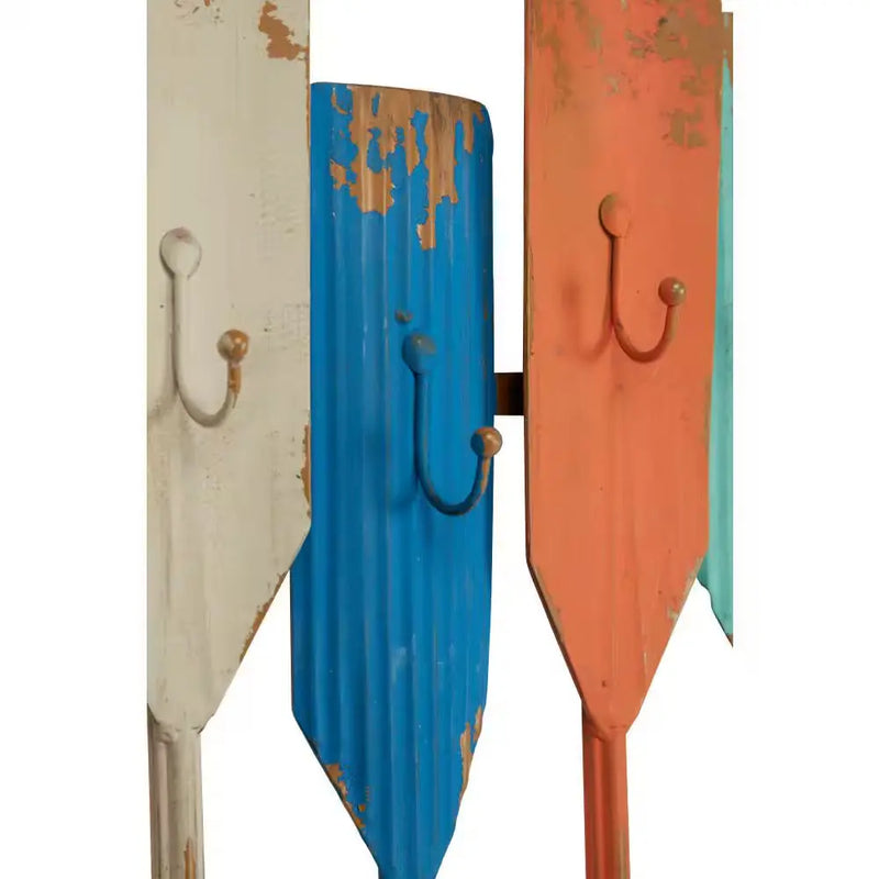 Multi Colored Indoor Outdoor Distressed Oar Shaped 8 Hanger Paddle Wall Hook - Puck's