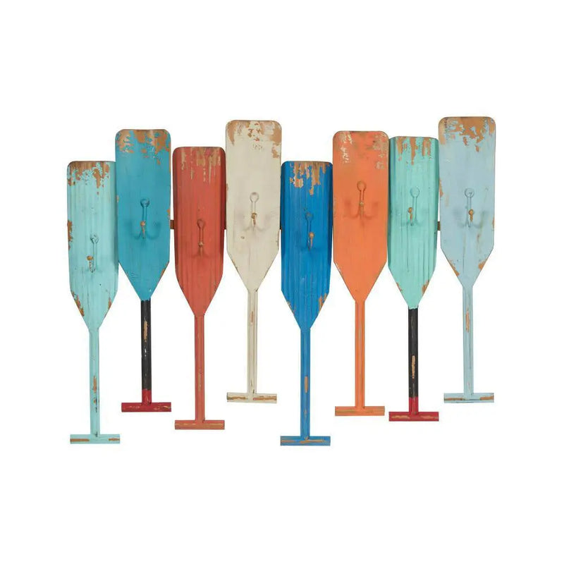 Multi Colored Indoor Outdoor Distressed Oar Shaped 8 Hanger Paddle Wall Hook - Puck's