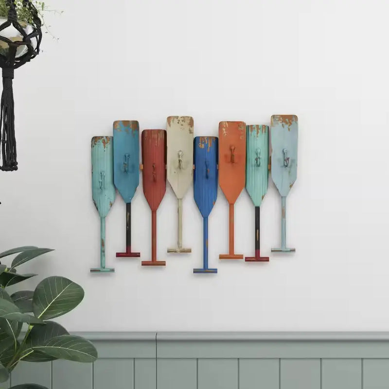 Multi Colored Indoor Outdoor Distressed Oar Shaped 8 Hanger Paddle Wall Hook - Puck's