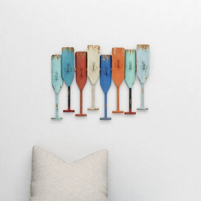 Multi Colored Indoor Outdoor Distressed Oar Shaped 8 Hanger Paddle Wall Hook - Puck's