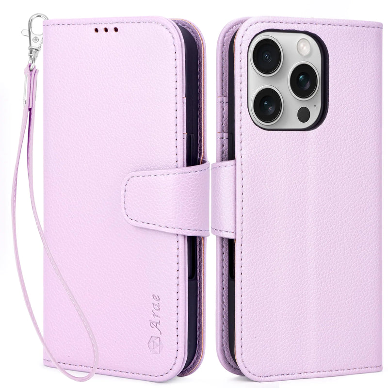 Arae Compatible with iPhone 16 Pro Case Wallet with Card Holder, Wristlet Strap Wallet Flip Cover for iPhone 16 Pro 6.3 inch Men/Women, RFID Blocking, Kickstand, Litchi Cyan - Puck's