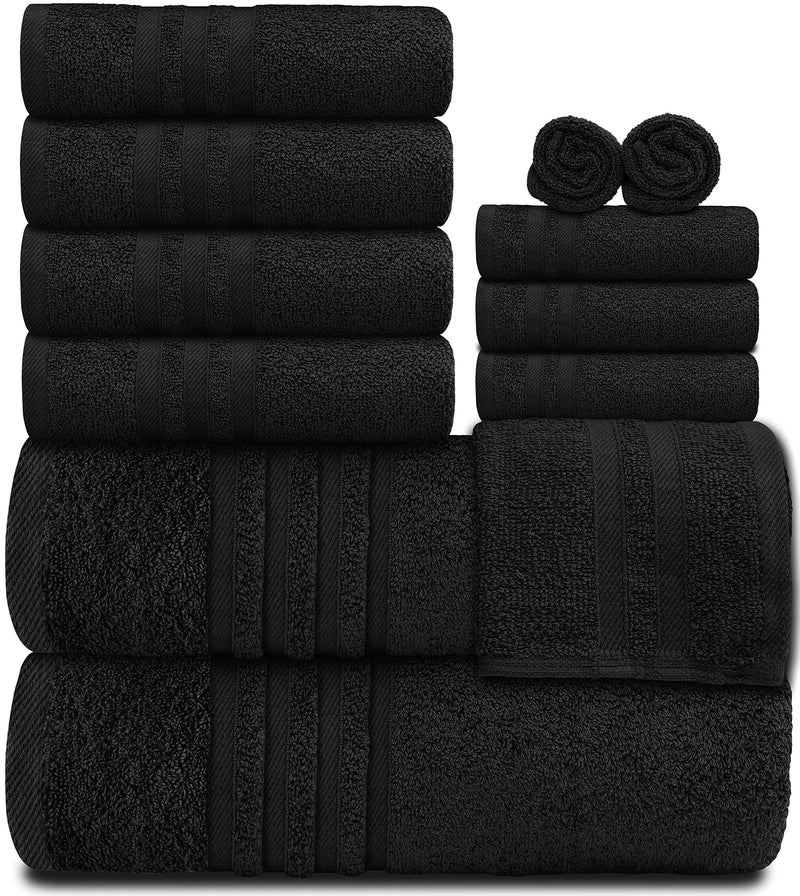 12 Pcs Bath Towel Set for Bathroom Wealuxe Collection Black 100% Cotton Soft - Puck's