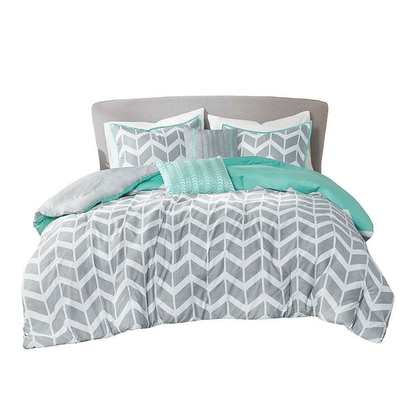 Twin/Twin XL Reversible Comforter Set in Grey White Aqua Teal Chevron Stripe-1